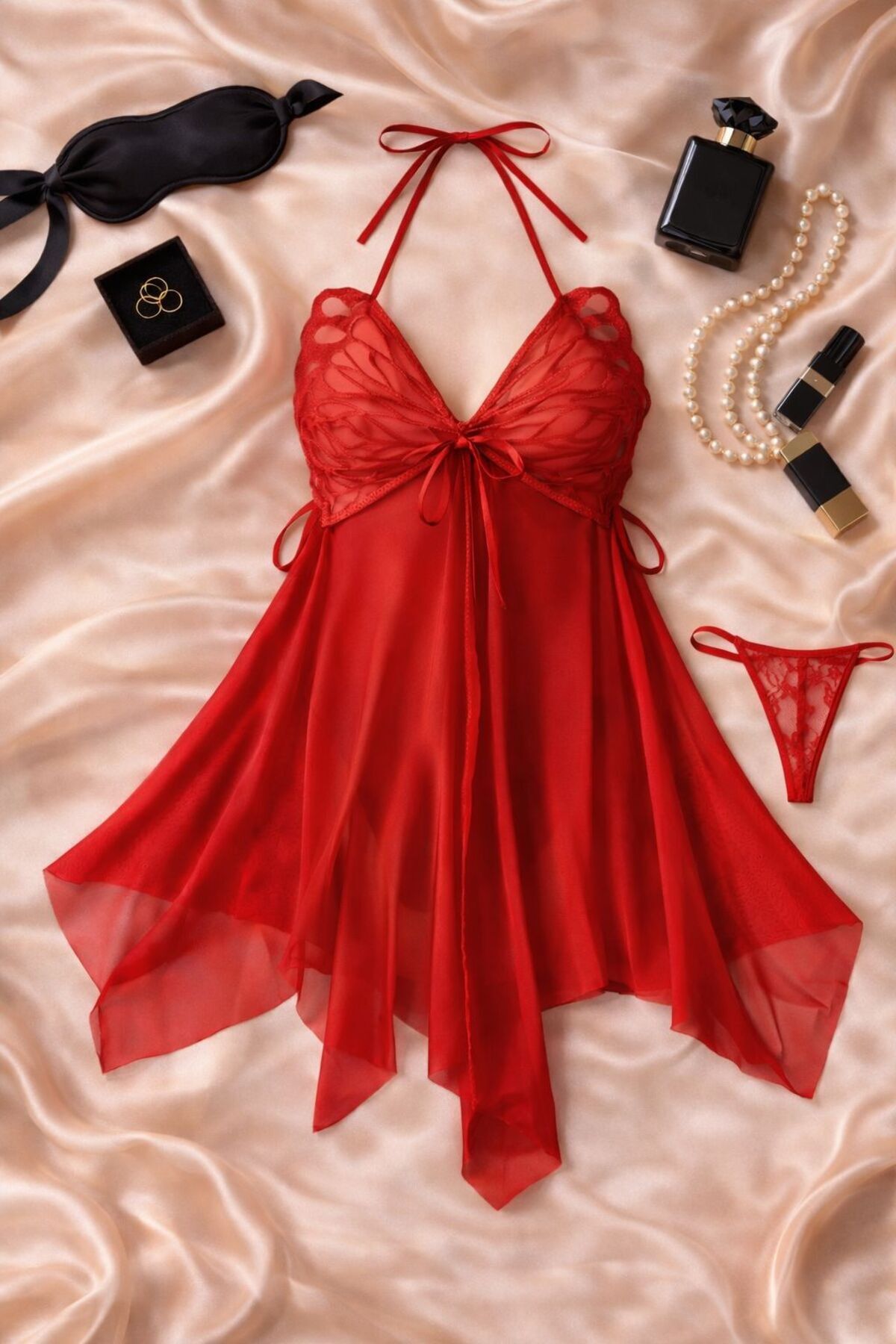 cdh çeyize dair herşey Lunessa Transparan Dantel Kırmızı Babydoll Gecelik Takımı