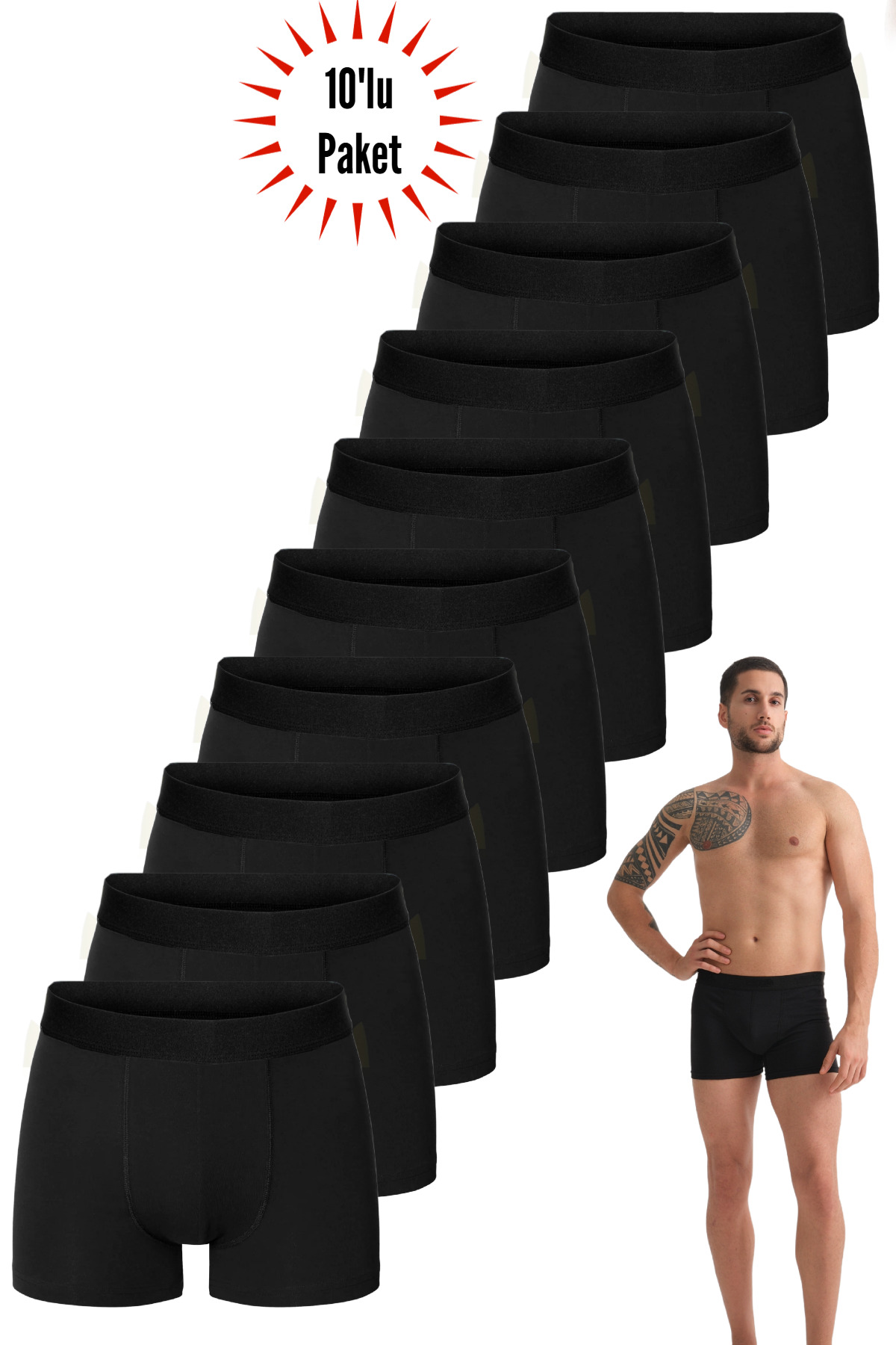 DeeAn Erkek 10'lu Pamuklu Likralı Esnek Kumaş Siyah Boxer Eko Paket