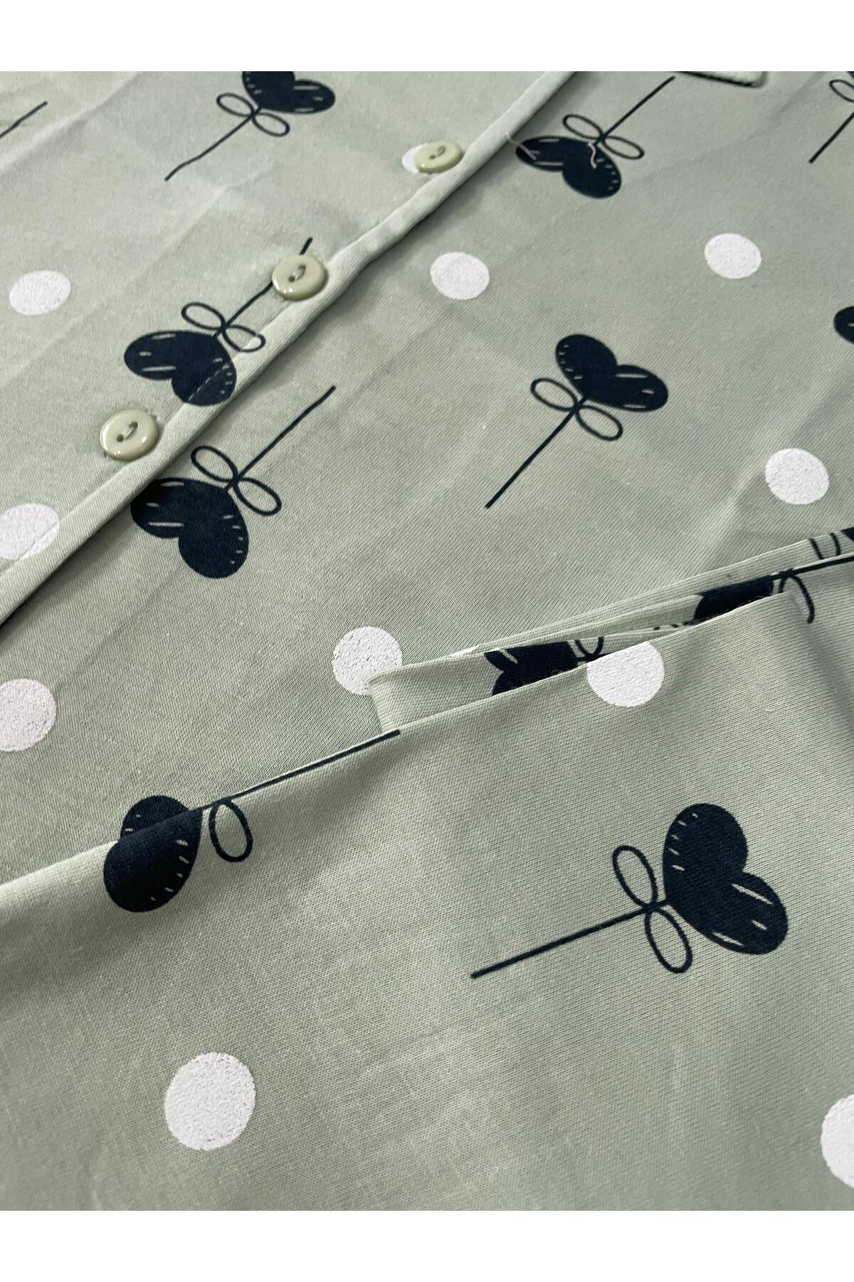 byalisdmr KIZ ÇOCUK PİJAMA TAKIMI YEŞİL %100 PAMUK SÜPREM KUMAŞ KALP DESEN KISA KOLLU GÖMLEK YAKA fotoğrafı 7 (önizleme)