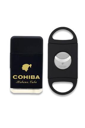 COHİBA Plastik Jet Alev Puro Çakmağı Kesici Seti Siyah