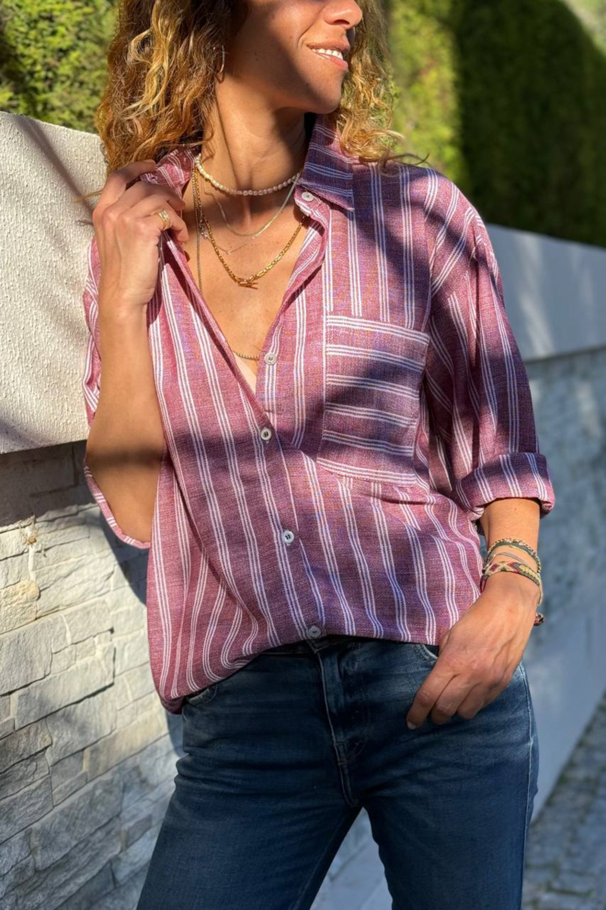 Güneşkızı  Bordo Çizgili Cepli Pamuklu Salaş Dokuma Gömlek 70 50 - Görsel 3