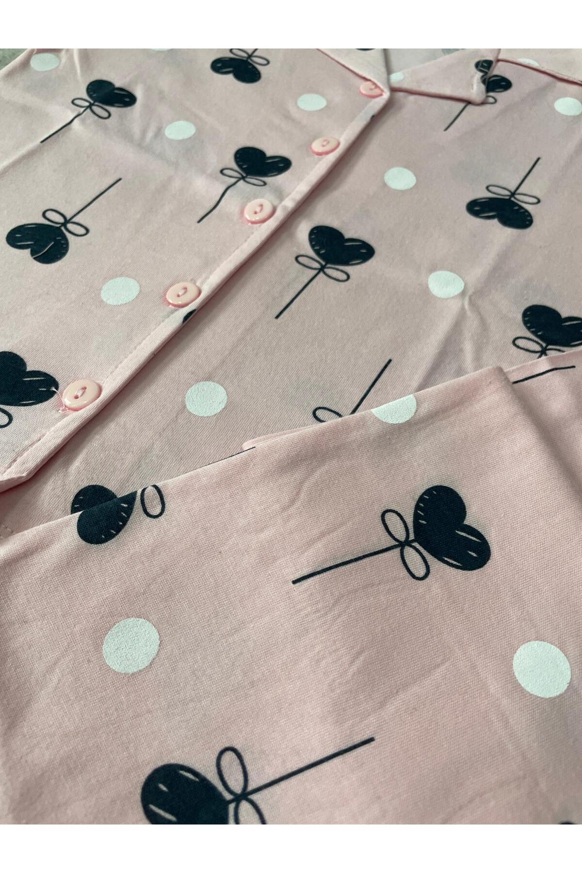 byalisdmr KIZ ÇOCUK PİJAMA TAKIMI PEMBE %100 PAMUK SÜPREM KUMAŞ KALP DESEN KISA KOLLU GÖMLEK YAKA fotoğrafı 7 (önizleme)