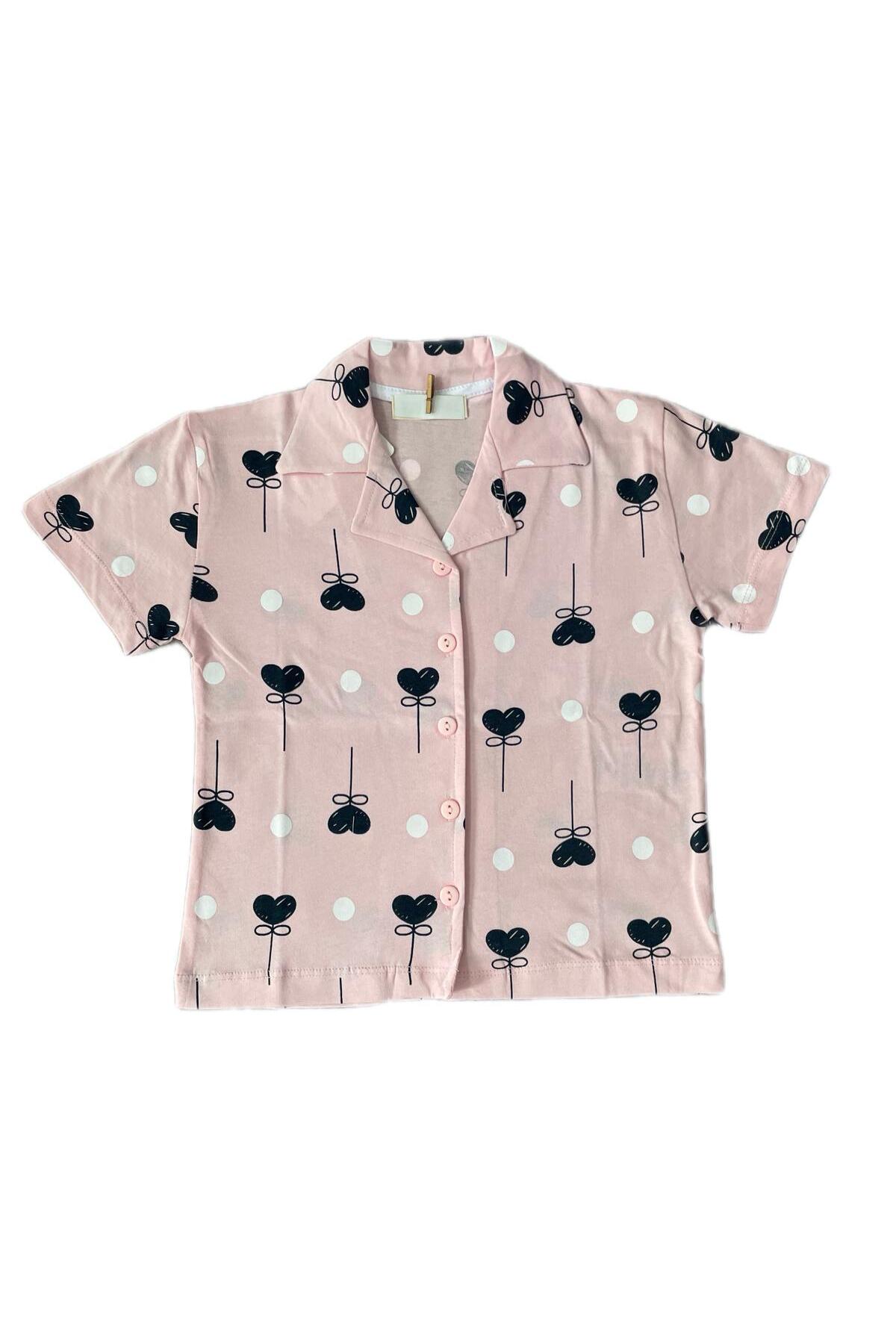 byalisdmr KIZ ÇOCUK PİJAMA TAKIMI PEMBE %100 PAMUK SÜPREM KUMAŞ KALP DESEN KISA KOLLU GÖMLEK YAKA fotoğrafı 3 (önizleme)