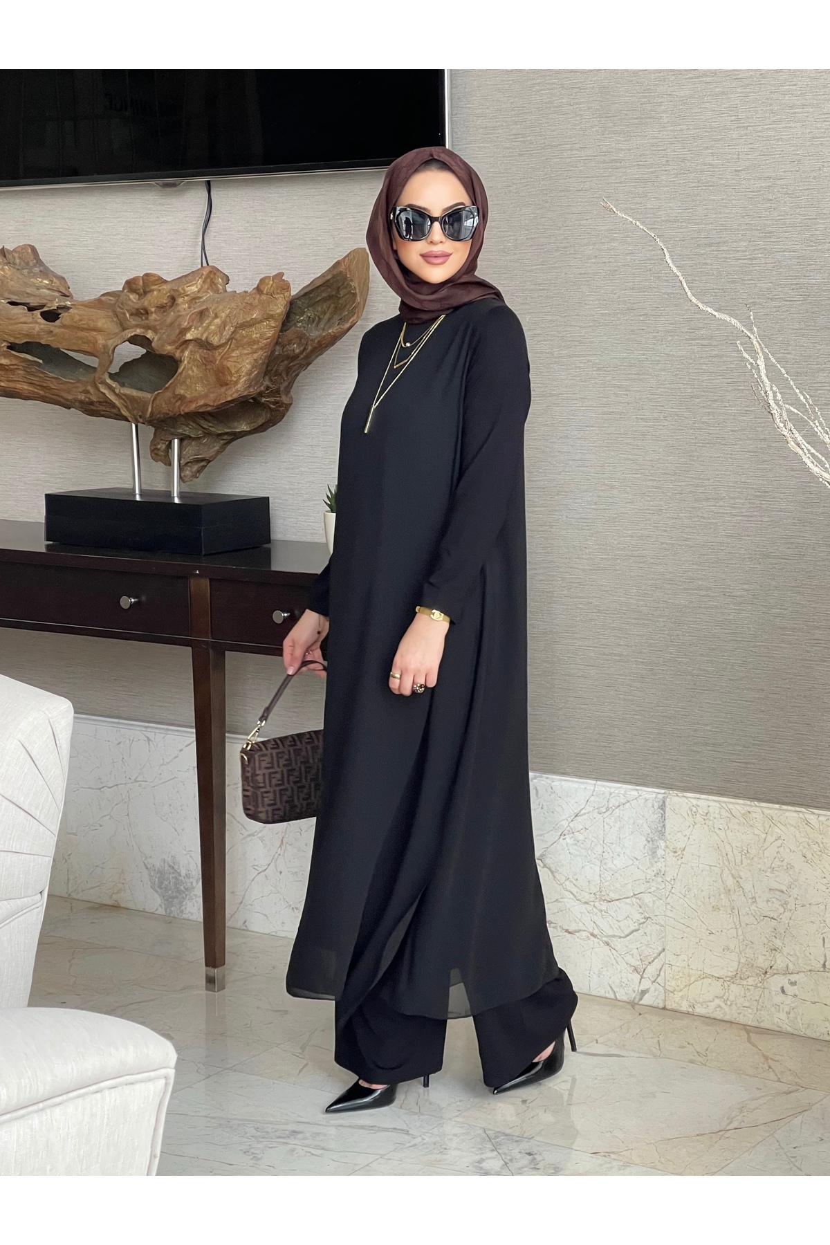Mürdüm butik Pamuk/Viskon ve Şifon Kumaşlı İkili Takım-Siyah