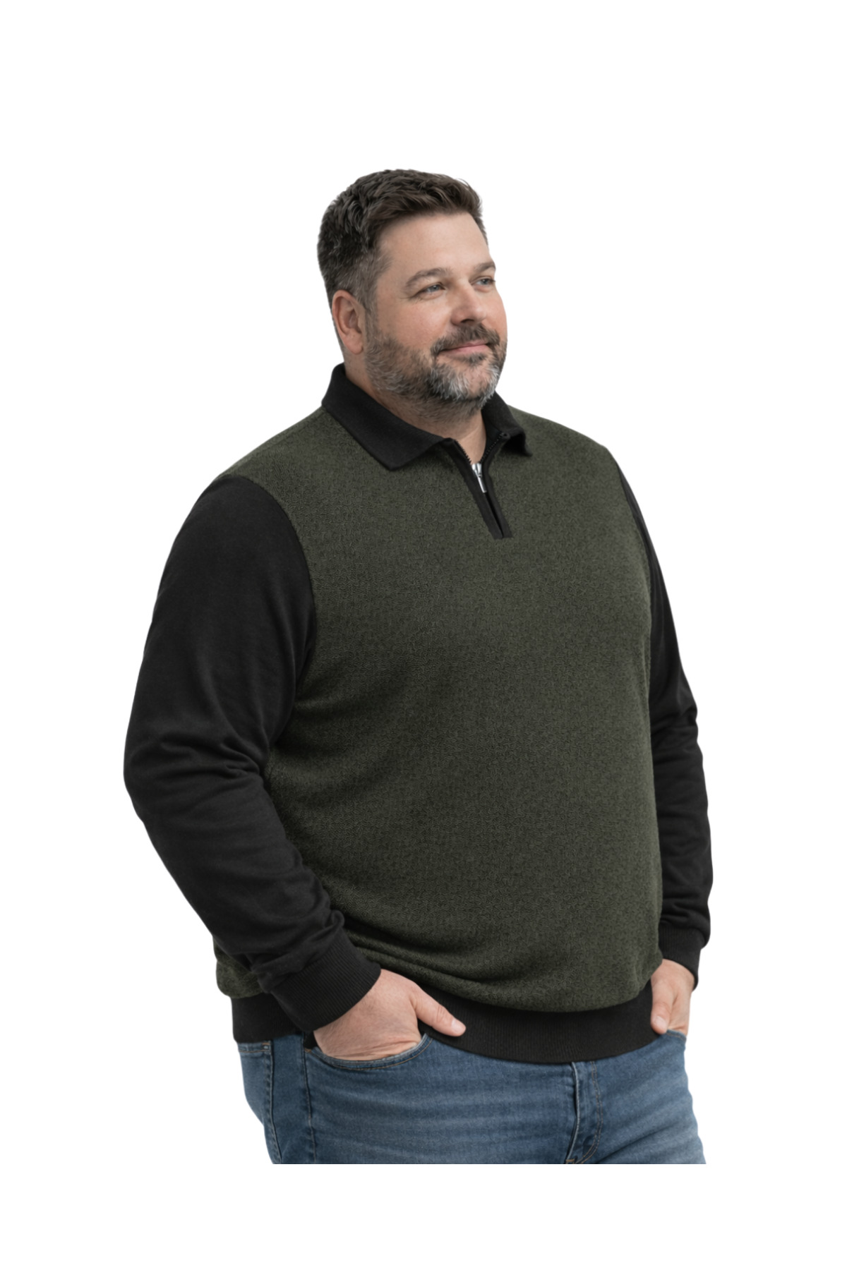 BattalModa Erkek Büyük Beden Haki Polo Yaka Fermuarlı Triko Kazak 5XL-6XL-7XL-8XL görsel 2