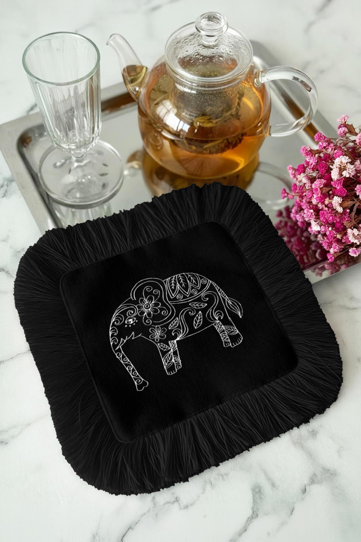 Indian Elephant Pattern Fringed Coffee Side Presentation Napkin-Bohemian Black White Coaster Presentation Wipes