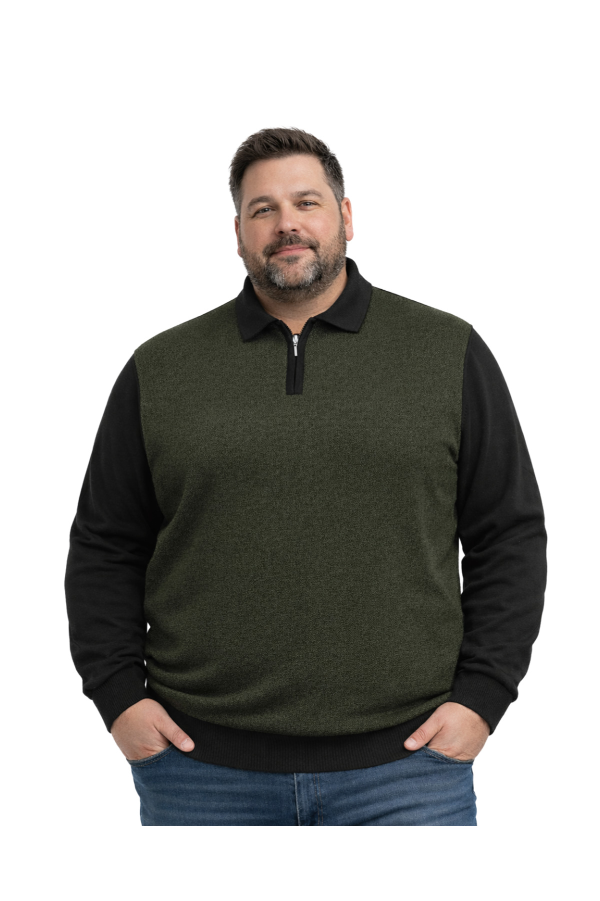 BattalModa Erkek Büyük Beden Haki Polo Yaka Fermuarlı Triko Kazak 5XL-6XL-7XL-8XL