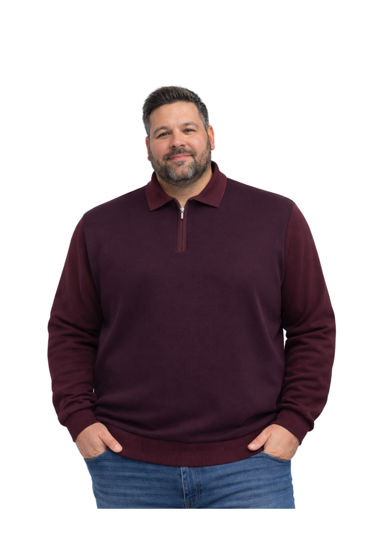 BattalModa Erkek Büyük Beden Bordo Polo Yaka Fermuarlı Triko Kazak 5XL-6XL-7XL-8XL