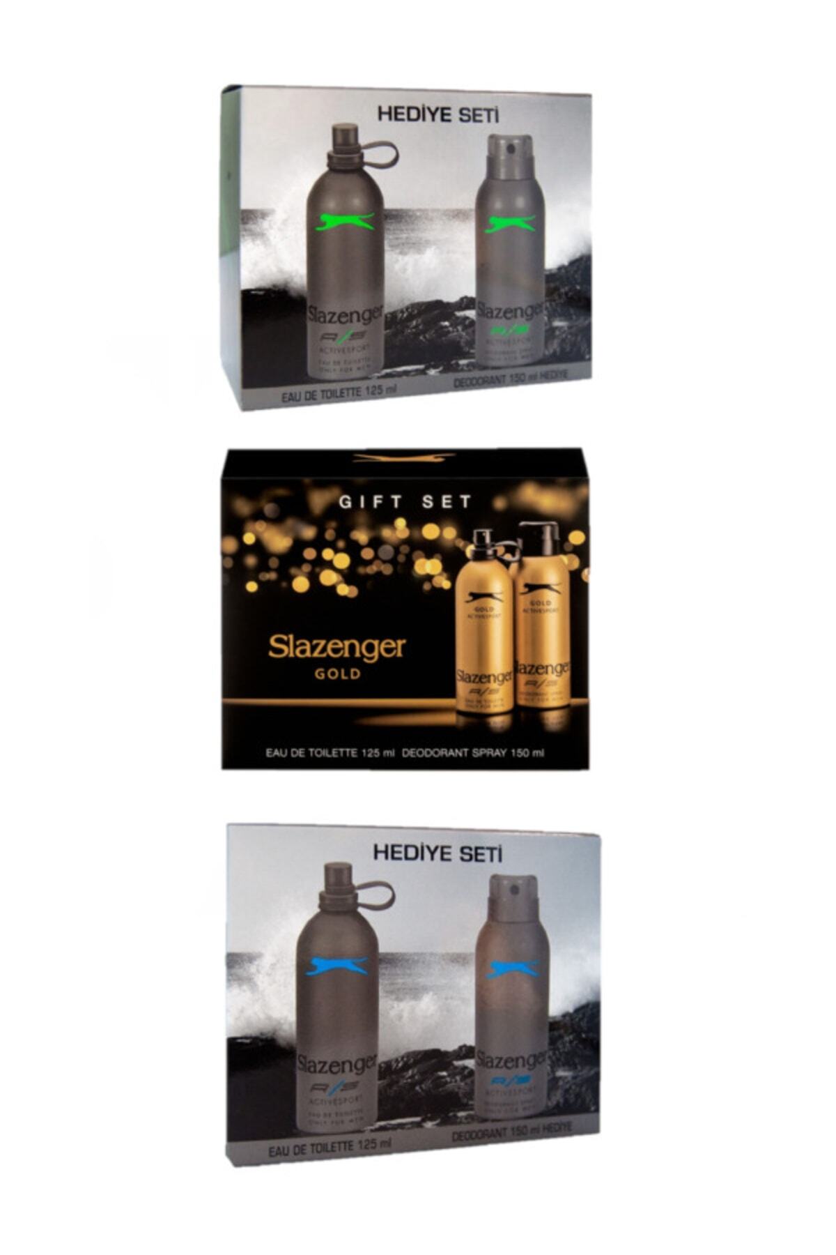 عطر مردانه اسلزنگر کارماست، ست سه عددی: طلایی + آبی + سبز، دئودورانت اسلازنگر ست عطر Slazenger
