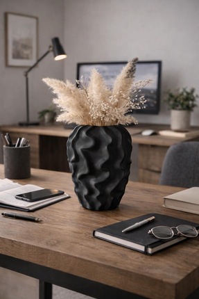 Lithora Siyah Taş Tozu Dalgalı Vazo – 25 cm Modern Dekoratif Minimalist Ev & ...