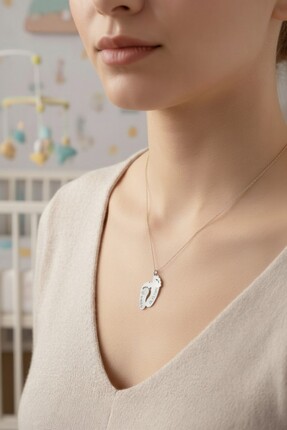 iniaHome 925 Ayar Gümüş Kolye Bebek Ayak İzi Tasarımlı 40-45 cm Zincir Doğum ...