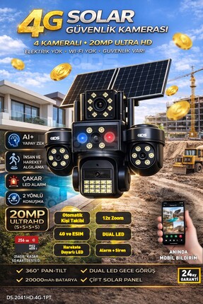 IDS 20MP Ultra HD 4 Lens Tam Kontrol Güneş Enerjili Kamera Sim Kartlı Dual Le...
