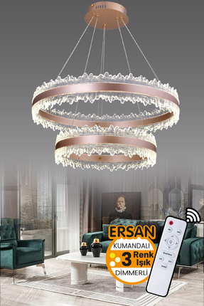 Ersan Avize Luce Rose Gold 2 Katlı Kumandalı 3 Renk Led Lüx Modern Ledli Avize