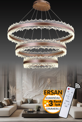Ersan Avize Kristal Rose Gold 3 Katlı Kumandalı 3 Renk Led Lüx Modern Ledli A...