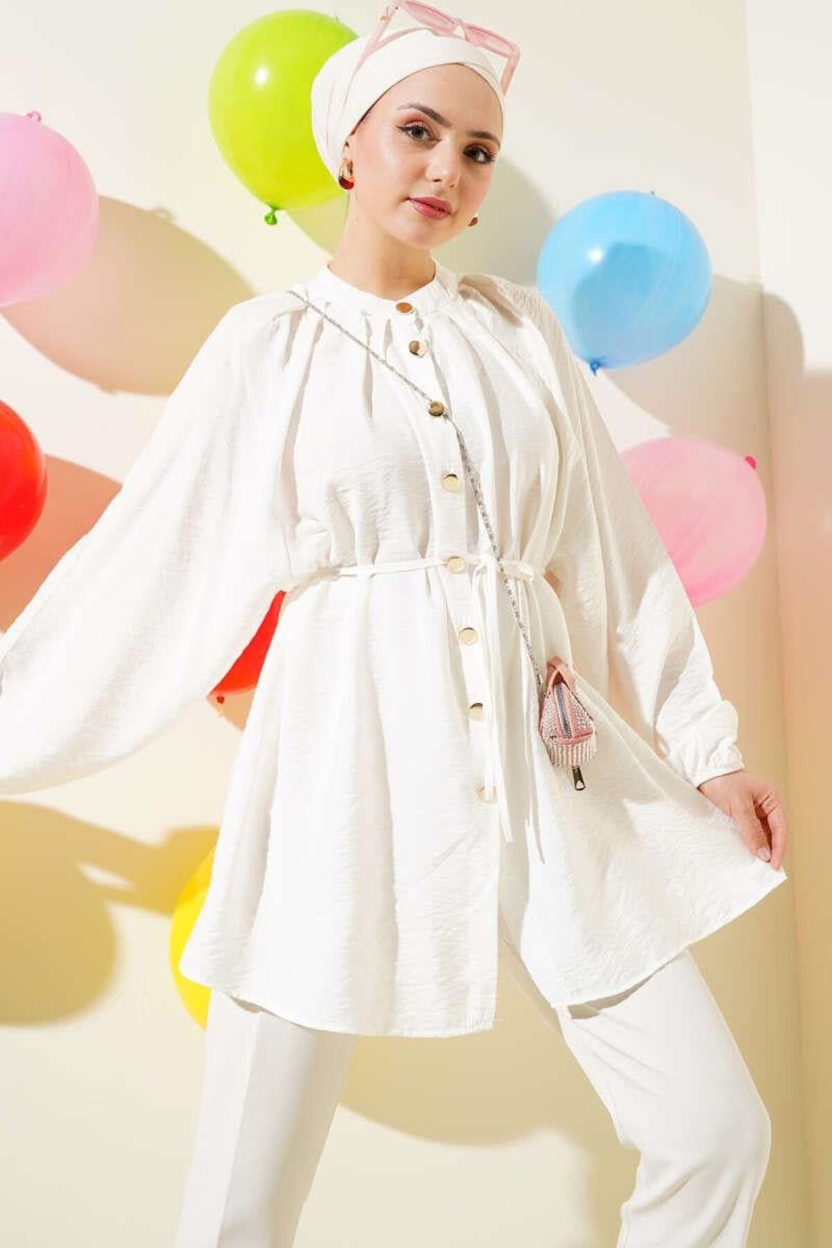 Waist Tie Detailed Tencel Fabric Hijab Shirt