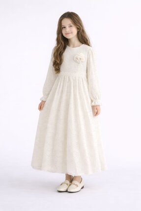 Tarz Çocuk Kız Çocuk Ekru Uzun Tesettür Elbise 7-14 Yaş – Çiçek Detaylı Zarif...