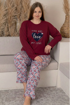 Farya Home Büyük Beden Pamuklu Desenli Uzun Kollu Pijama Takımı