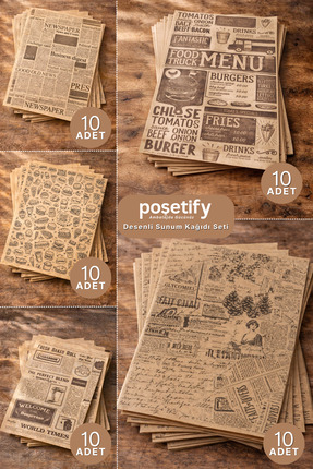 POŞETİFY Sunumluk Kendinden Desenli Yağlı Kağıt | 50 Adet | Karışık Gazete De...