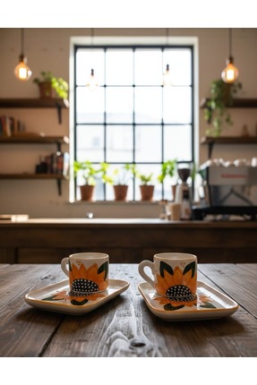 FERZANE CERAMİC Güneşten rengini alan Ayçiçeği modeli 2 Kişilik Fincan Takımı