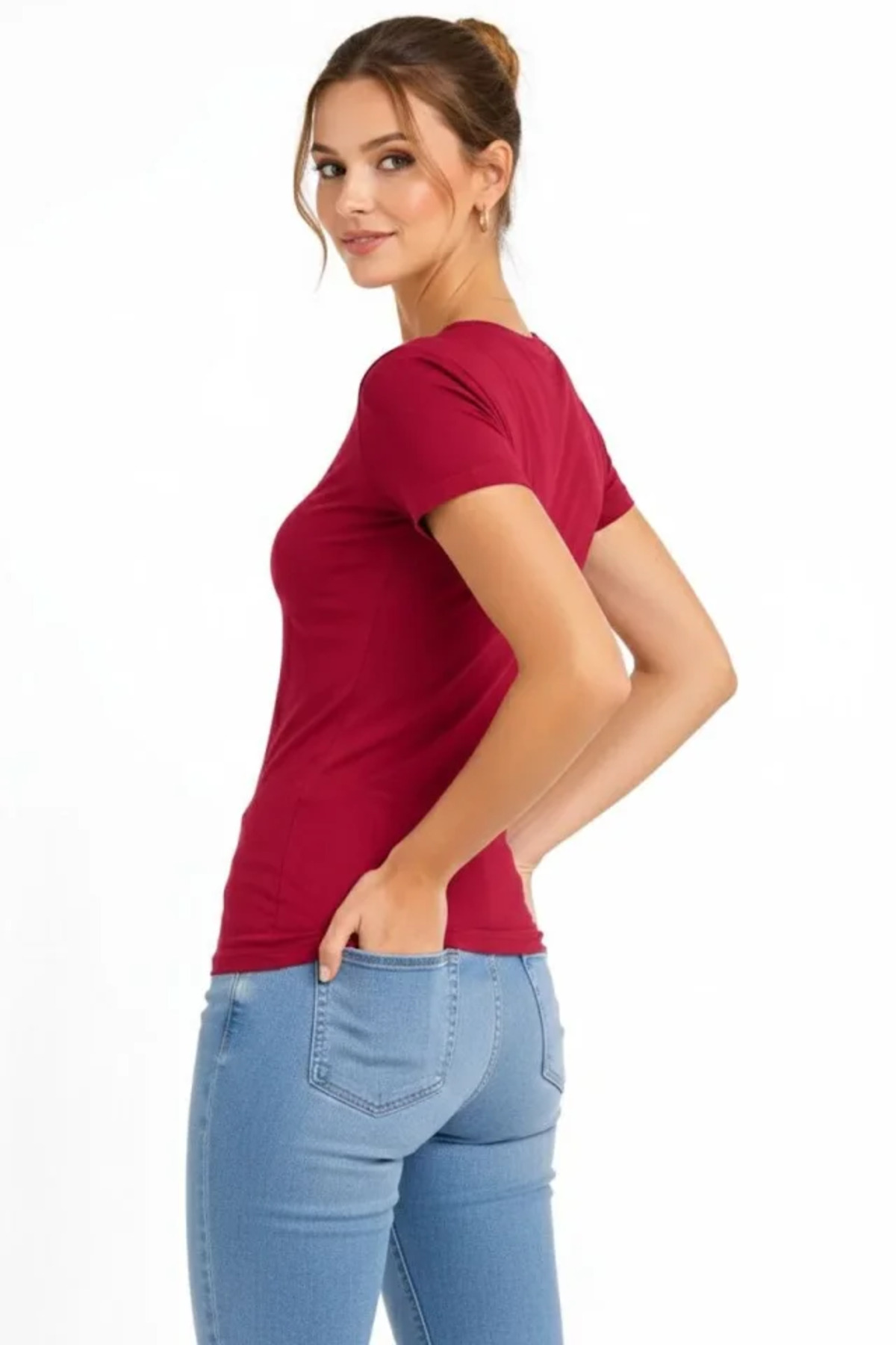 T-Shirt V Yaka Slim Fit Likralı Tişört Günlük Basic Body - Bordo