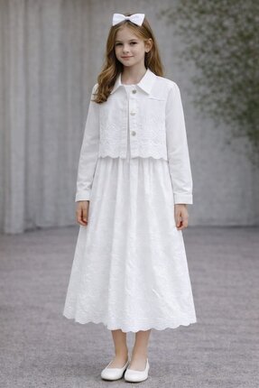 Tarz Çocuk Kız Çocuk Beyaz Ceketli Uzun Elbise 7-14 Yaş – Tesettüre Uygun Bro...