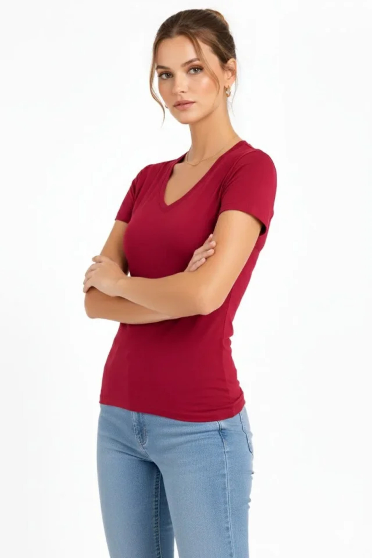 T-Shirt V Yaka Slim Fit Likralı Tişört Günlük Basic Body - Bordo