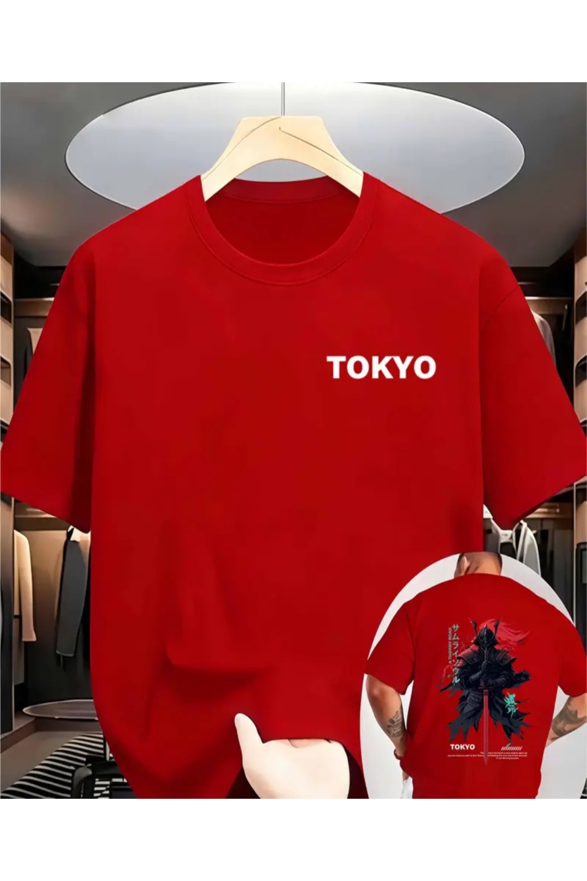 ORVIO Group Erkek tişört, samuray baskılı, rahat kesim, Tokyo