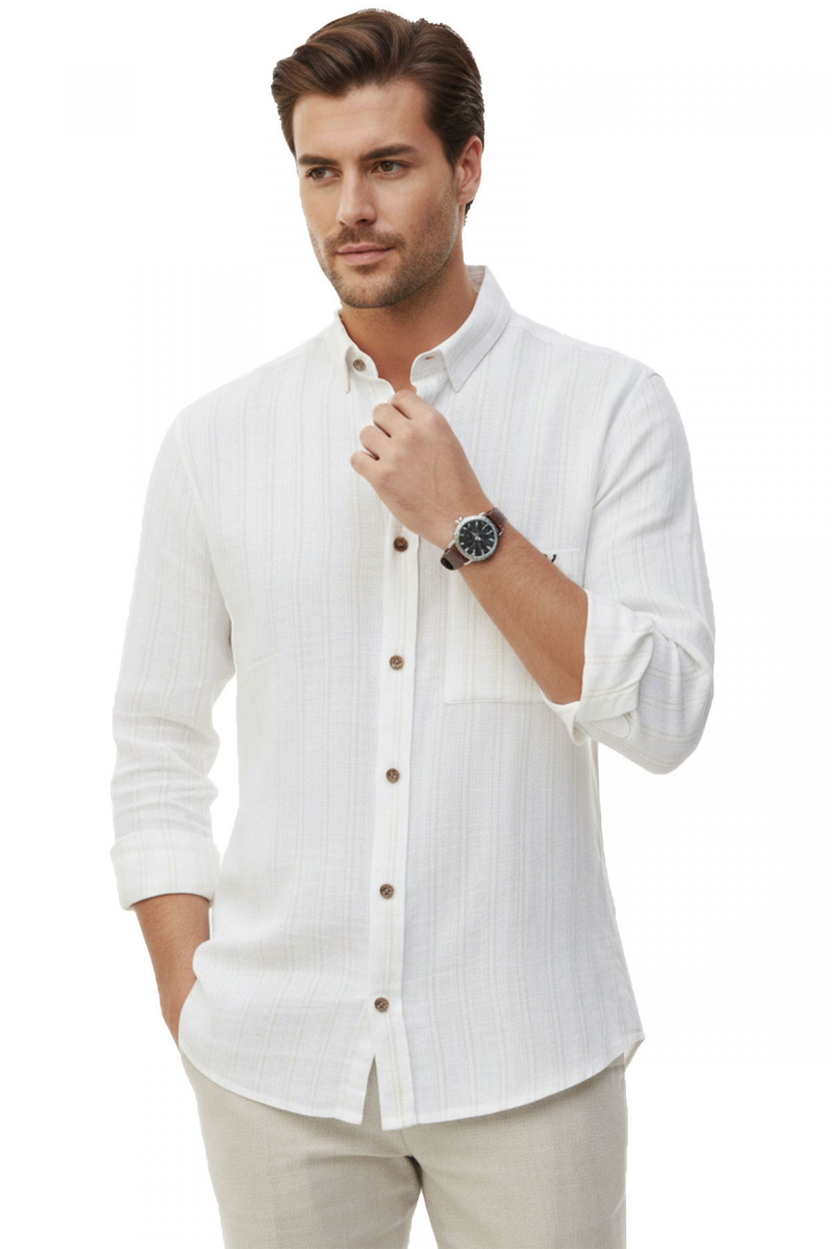 Tan Casual Striped Men's Shirt – Wooden Buttoned Natural Textured with Pockets New Season 2602623