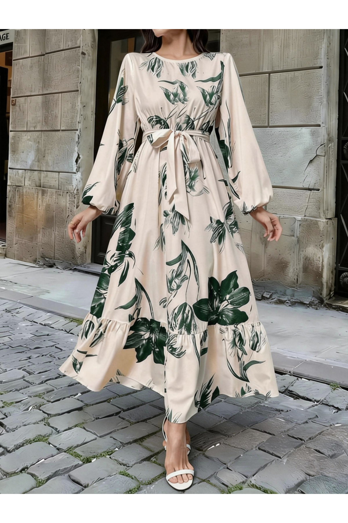 Take Two By Styli Green Floral Print Ruffled Hem A-Line Maxi Dress