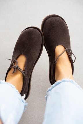 selin shoes Vireon Hakiki Deri Bağcık Detaylı Kadın Ayakkabı- KAHVE SÜET