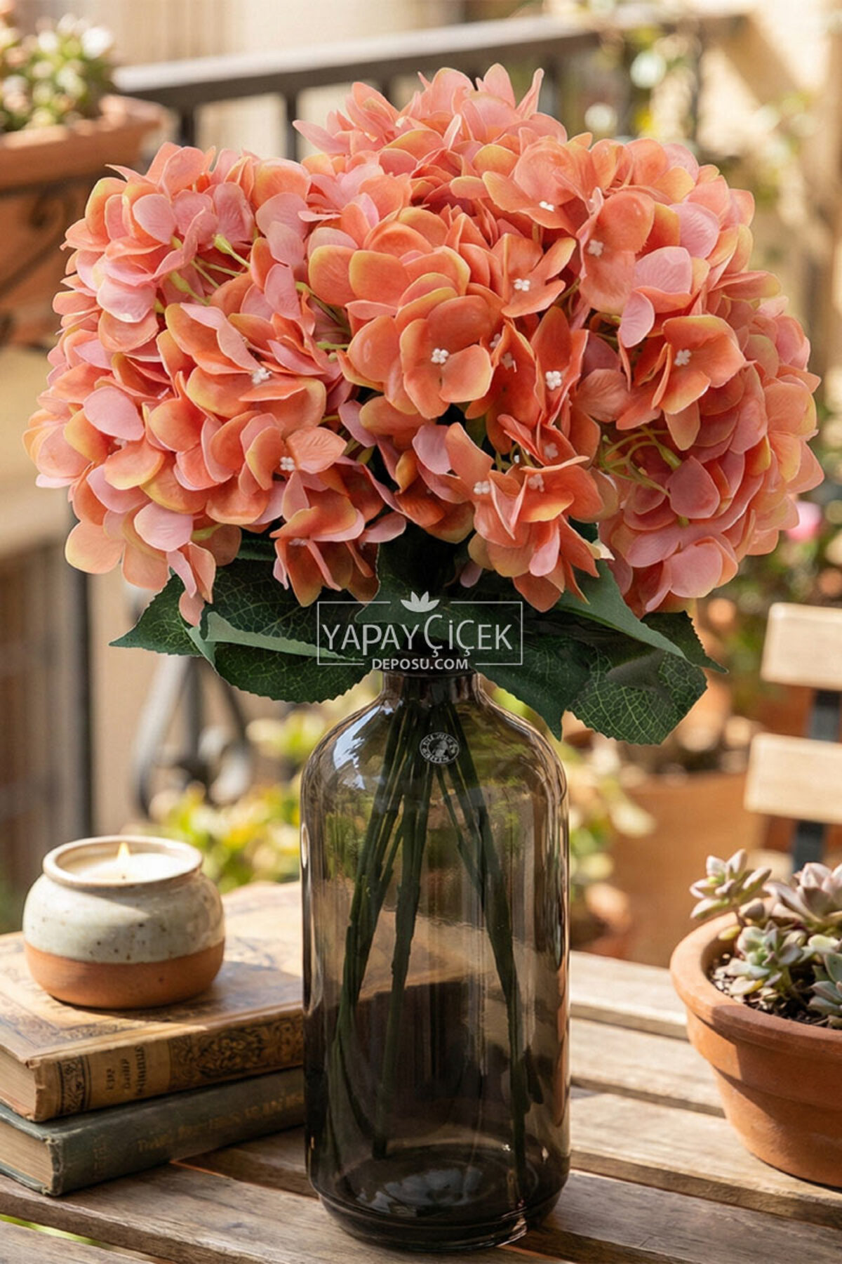 Artificial Flower 5 Branches Wet Cornales Veined Hydrangea Bundle 45cm Orange