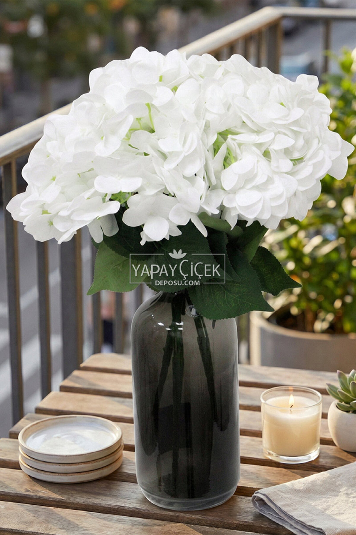 Artificial Flower 5 Branches Wet Cornales Veined Hydrangea Bunch 45cm White