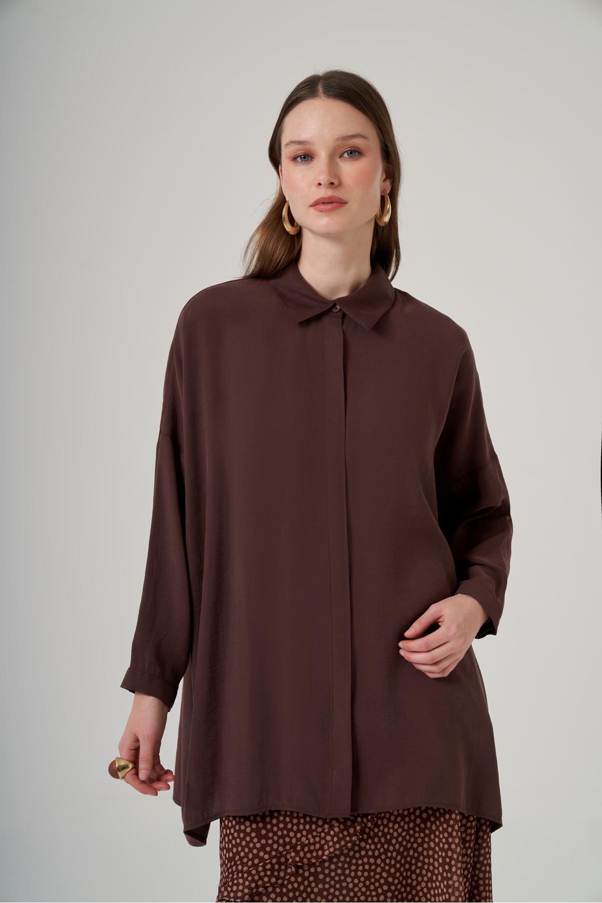 Nuss  3001 Asimetrik Kesim Gizli Patlı Gömlek - Kahve - Görsel 2