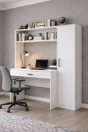 Setay Bilgisayar Masası, Hekta Kapaklı Kitaplıklı Çalışma Masası - Beyaz