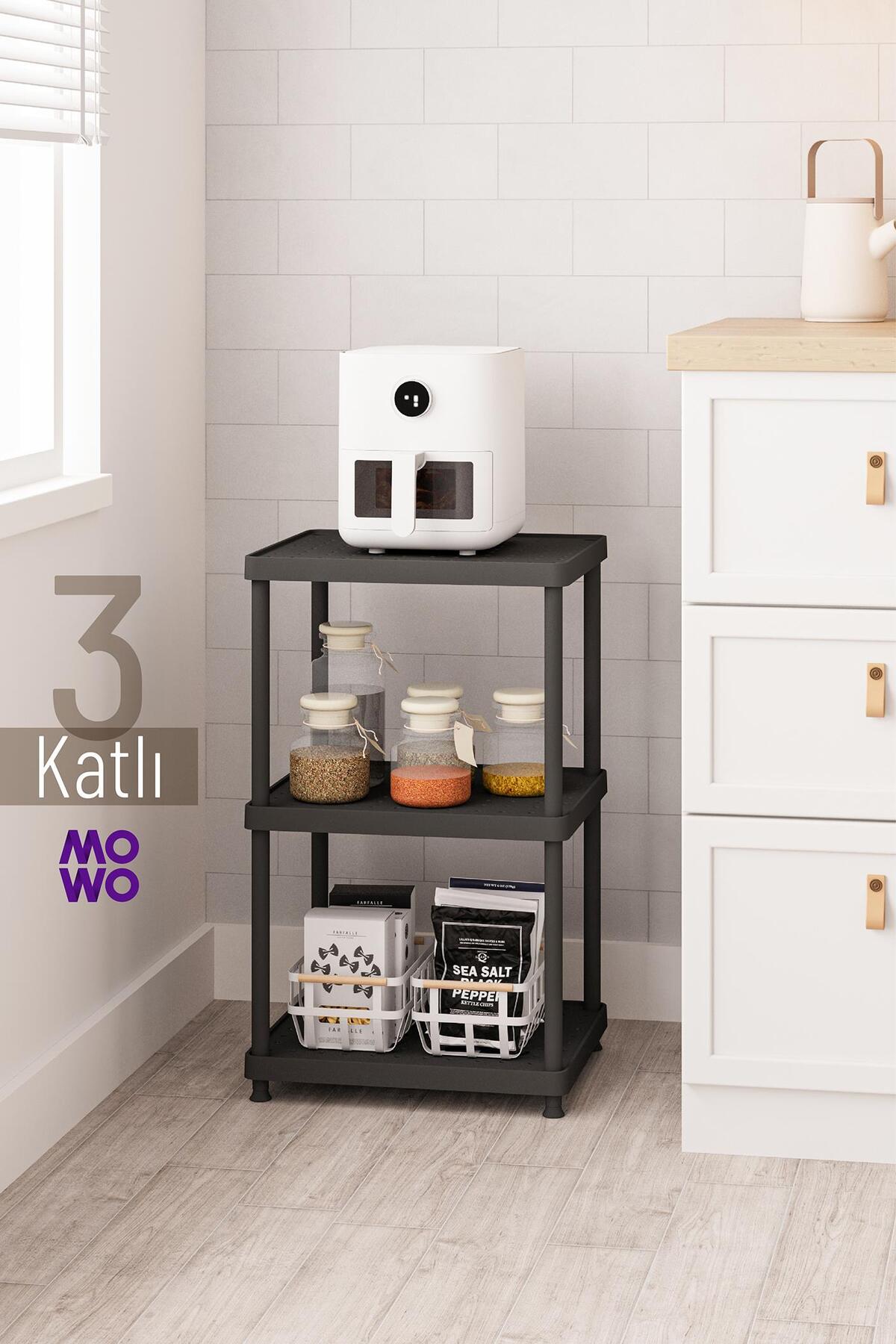 3-Tier Black 40x33 Plastic Kitchen Shelving System, Bathroom Shelf, Pantry, Bookshelf Multi-Purpose Organizer
