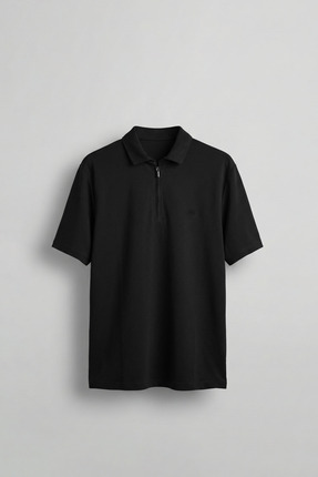 ablukaonline Erkek Slim Fit Yarım Fermuarlı Basic Polo Yaka T-Shirt Siyah