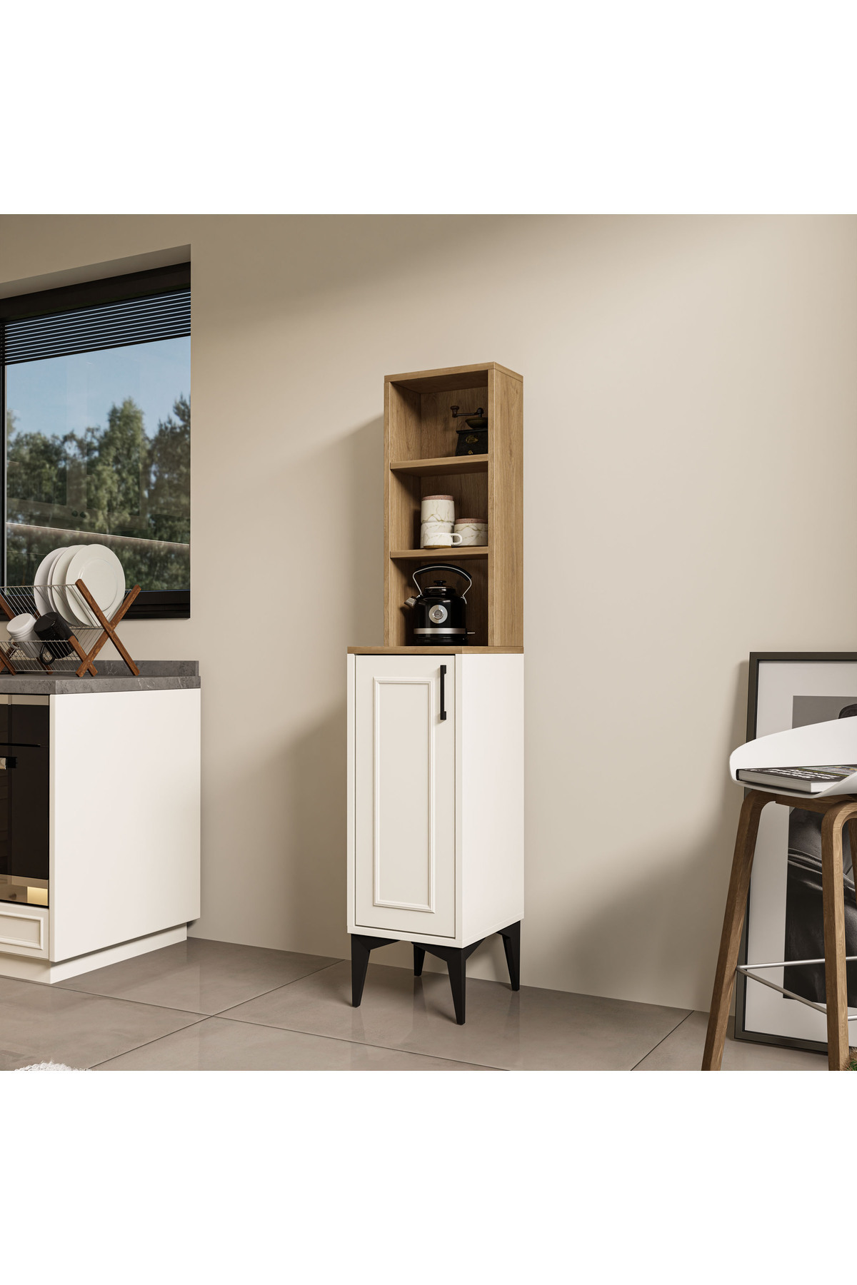 5251 Miva Coffee Corner (with Lath) Multipurpose Cabinet 1-Door Pantry Kitchen Cabinet Basket White