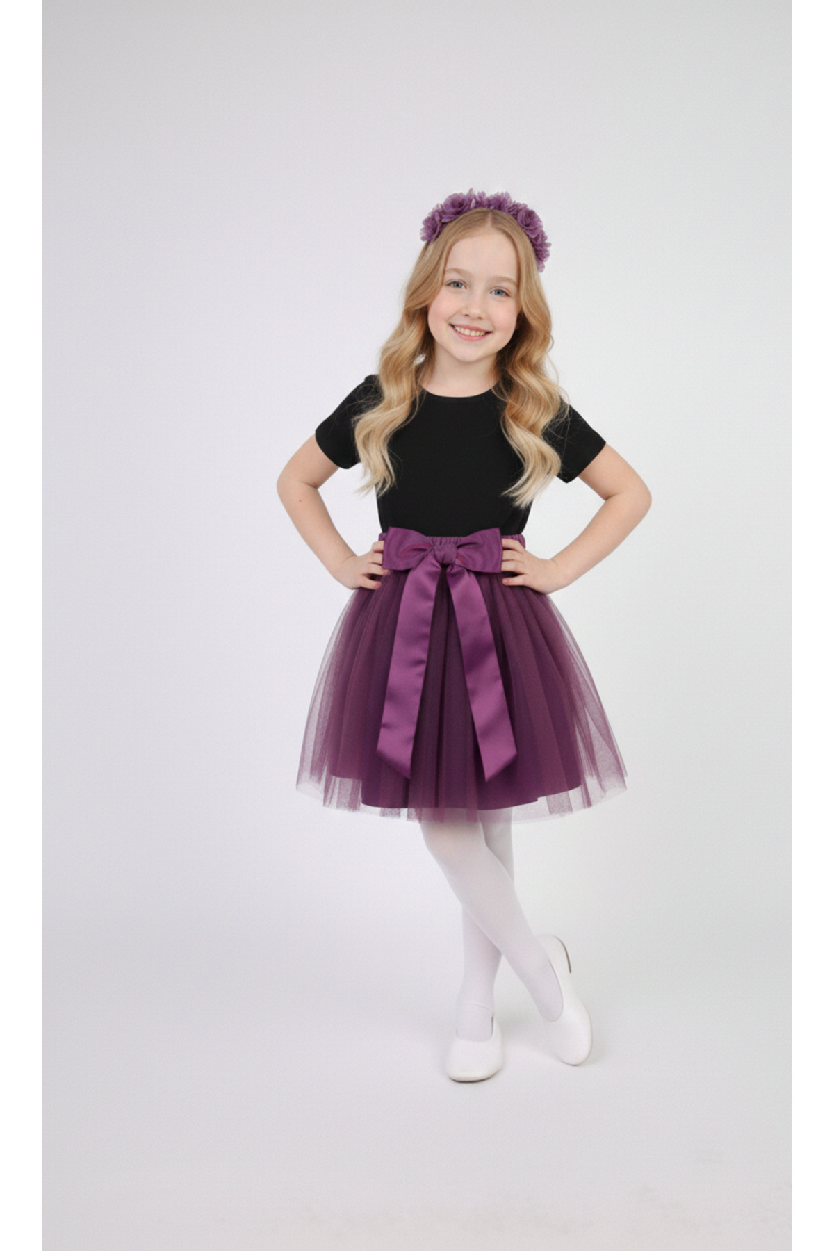 Girls April 23 October 29 Showwear Costume Short Sleeve Plain T-shirt Purple Tutu Skirt Set