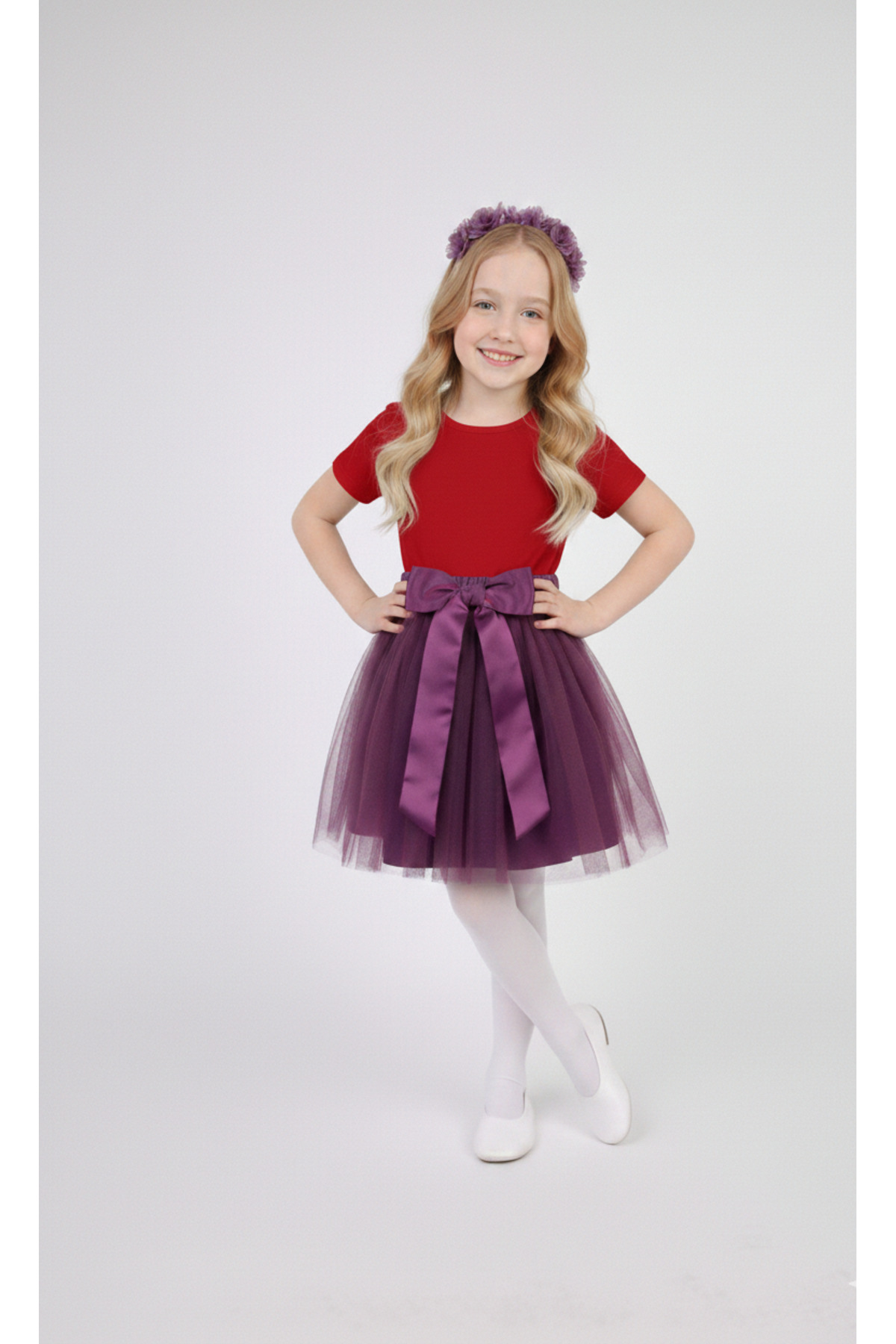 Girls April 23 October 29 Showwear Costume Short Sleeve Plain T-shirt Purple Tutu Skirt Set