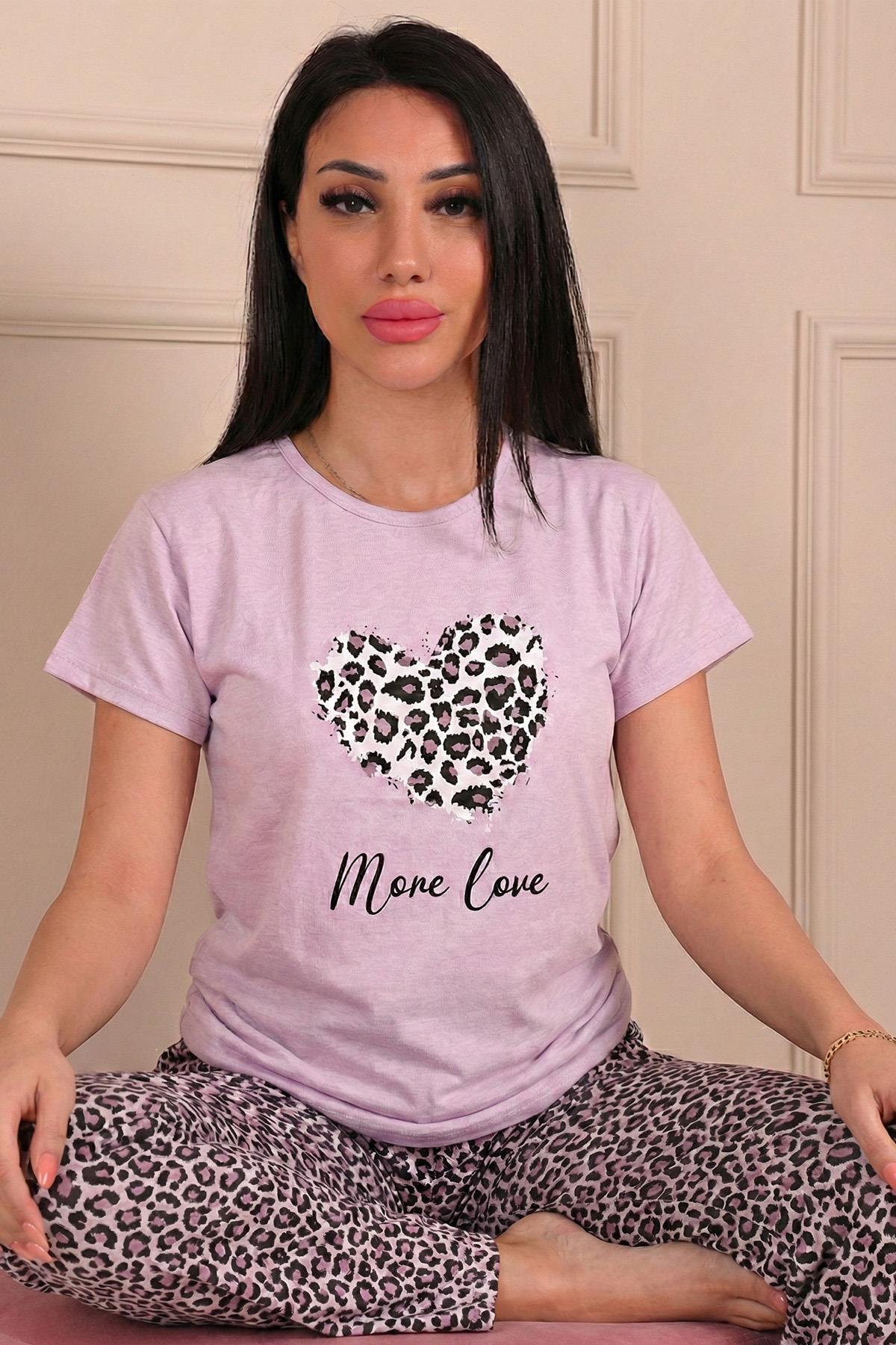 Niket Life Дамски комплект пижама с къси ръкави с принт „More Love“ и леопард...