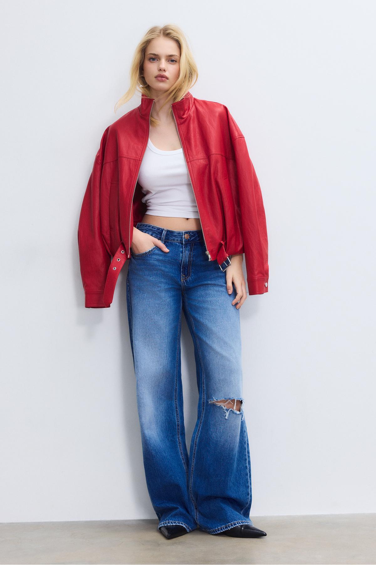 Stradivarius  Kemer detaylı suni deri balon ceket - Görsel 2