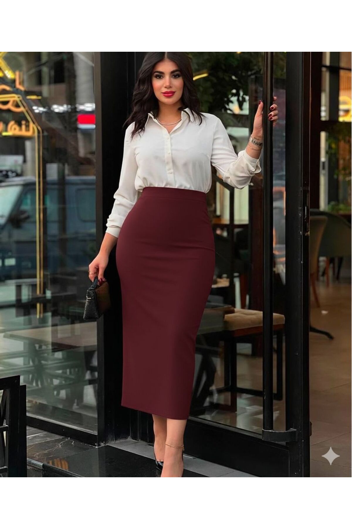 Women's Claret Red Flexible Basic Pencil Skirt
