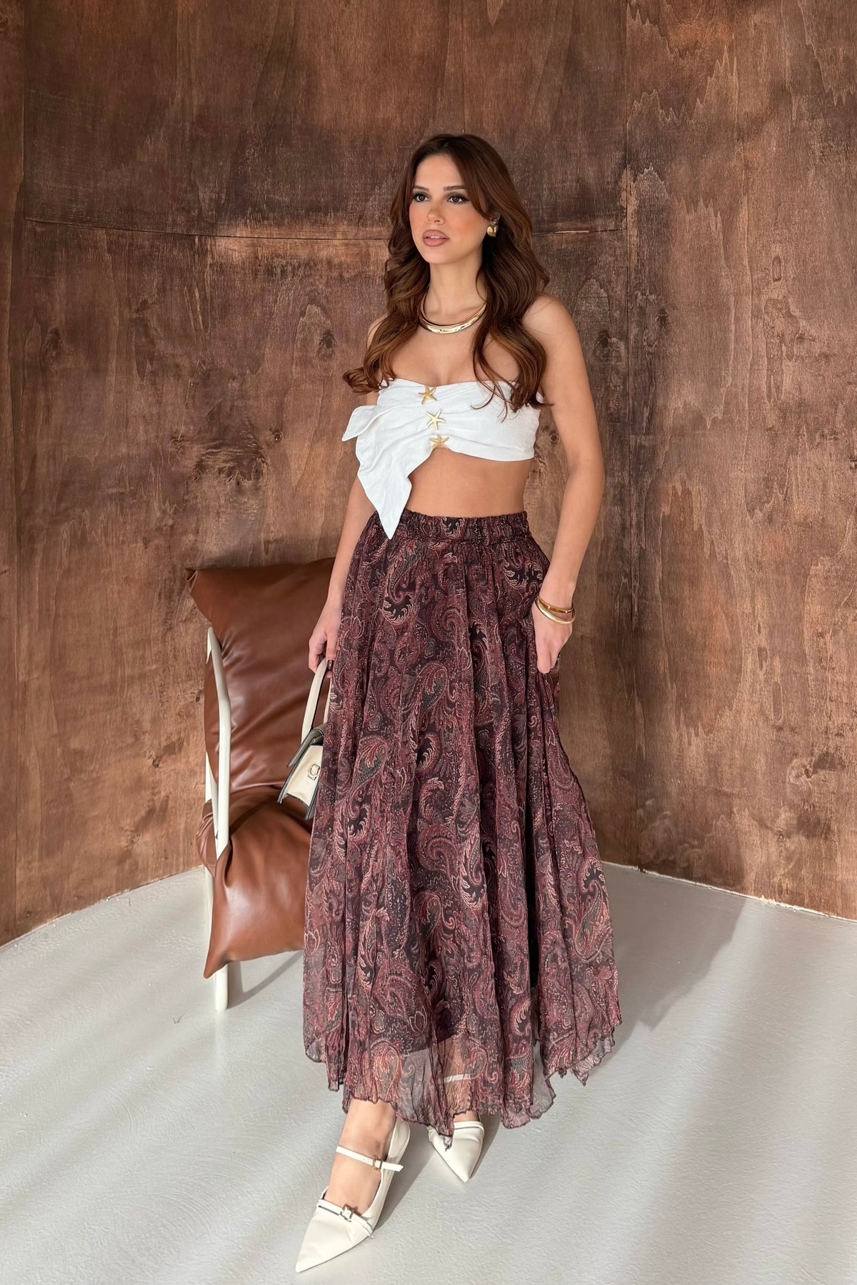 BEJNA  Kadın Kahverengi Desenli Pileli Asimetrik Şifon Etek - Görsel 5