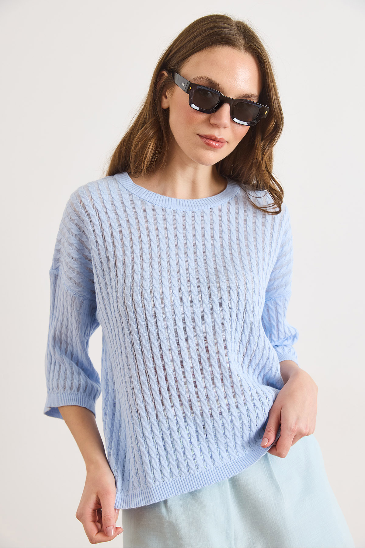 بلوز بافتنی زنانه آبی نوزادی مدل Ajurlu Loose Fit BLZ-19003225
