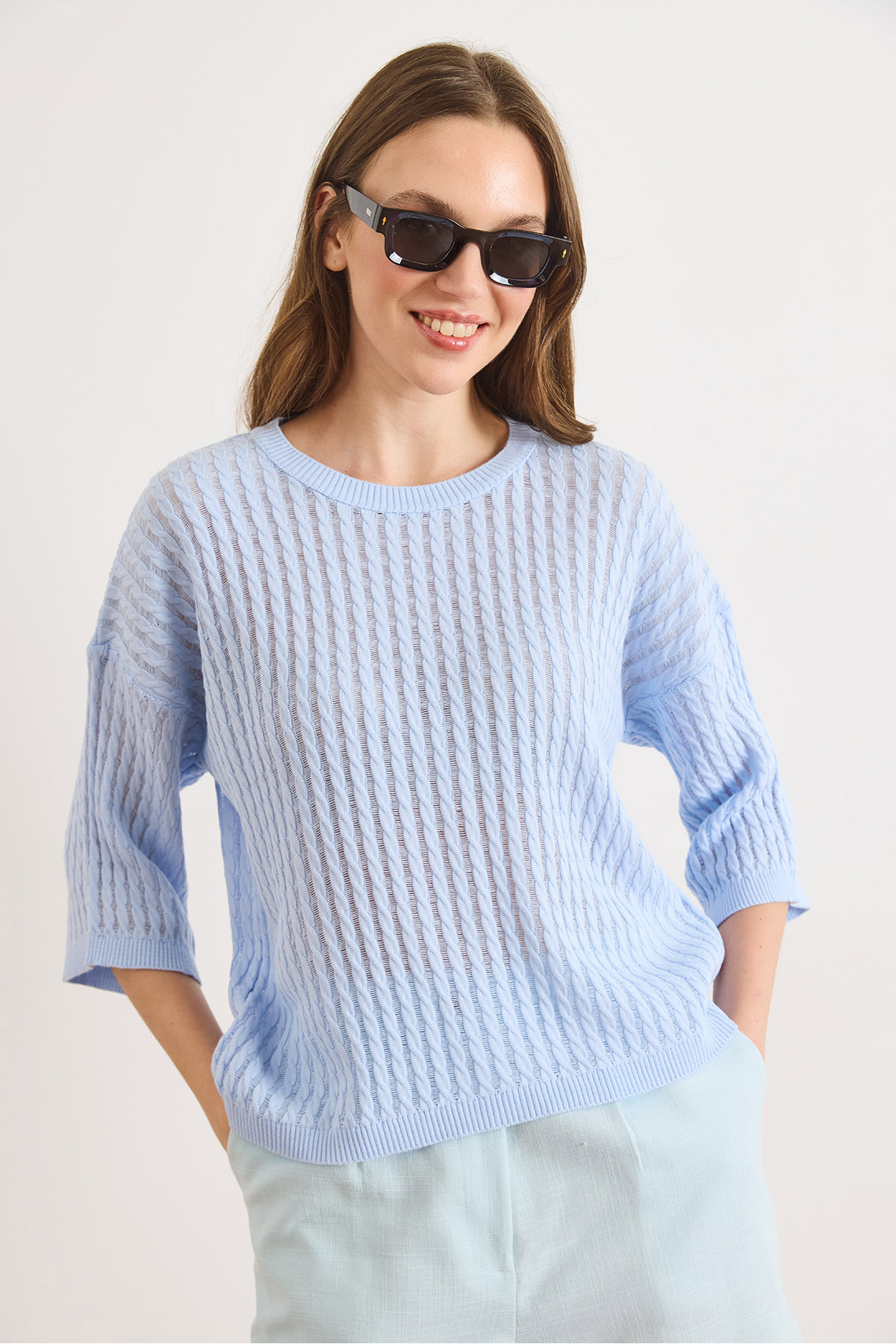 بلوز بافتنی زنانه آبی نوزادی مدل Ajurlu Loose Fit BLZ-19003225