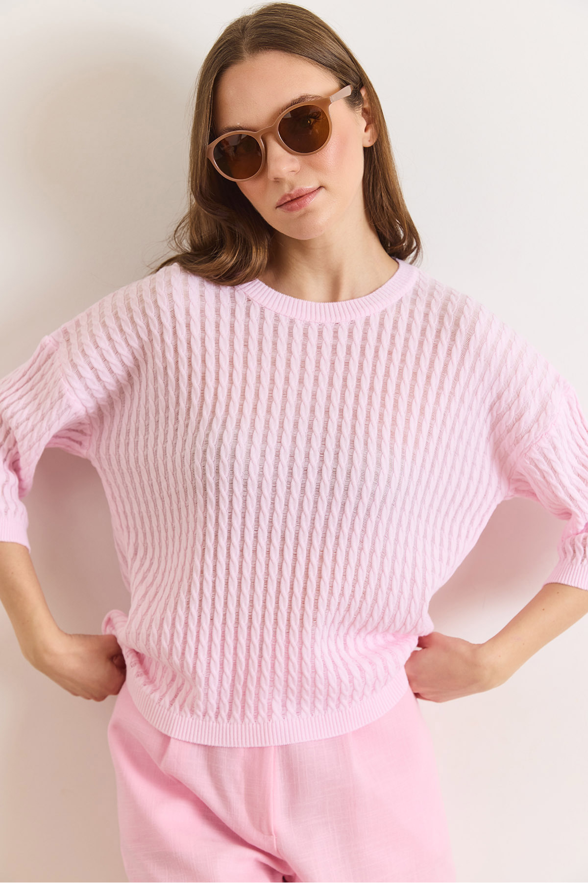 Kadın Şeker Pembe Saç Örgü Ajurlu Loose Fit Mevsimlik Triko Bluz BLZ-19003225