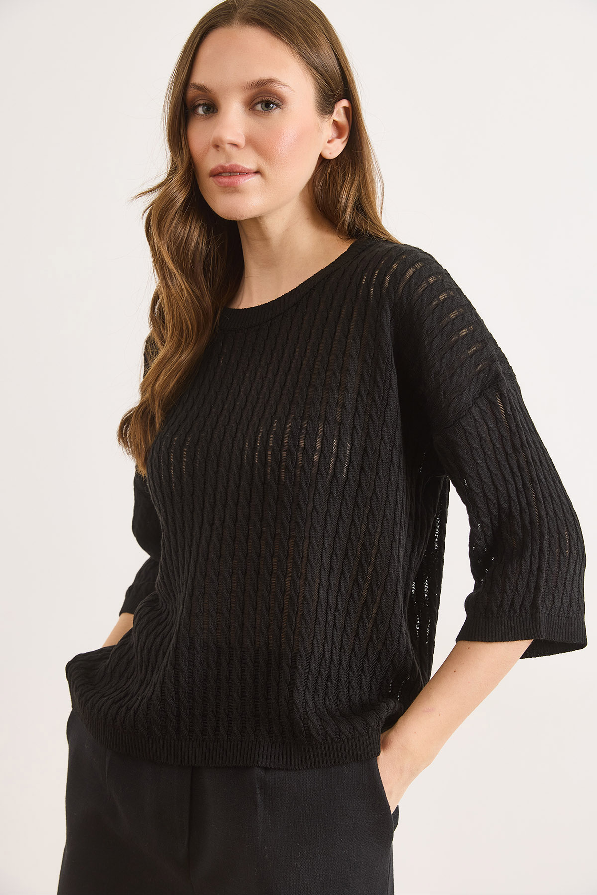 بلوز بافتنی زنانه مشکی مدل Ajurlu Loose Fit کد BLZ-19003225