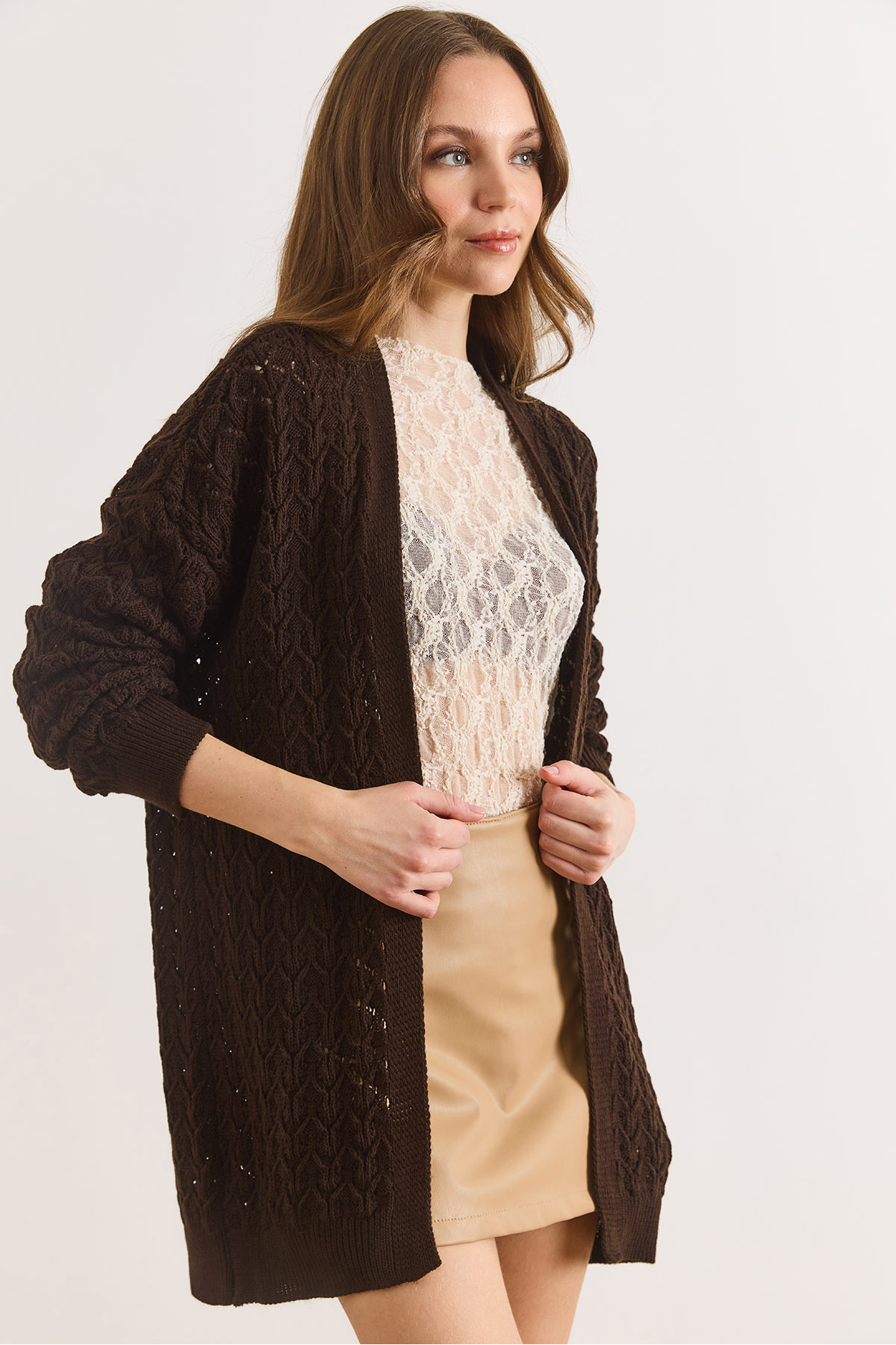 Women's Brown Tiny Diamond Openwork Knit CardiganHRK-19000469