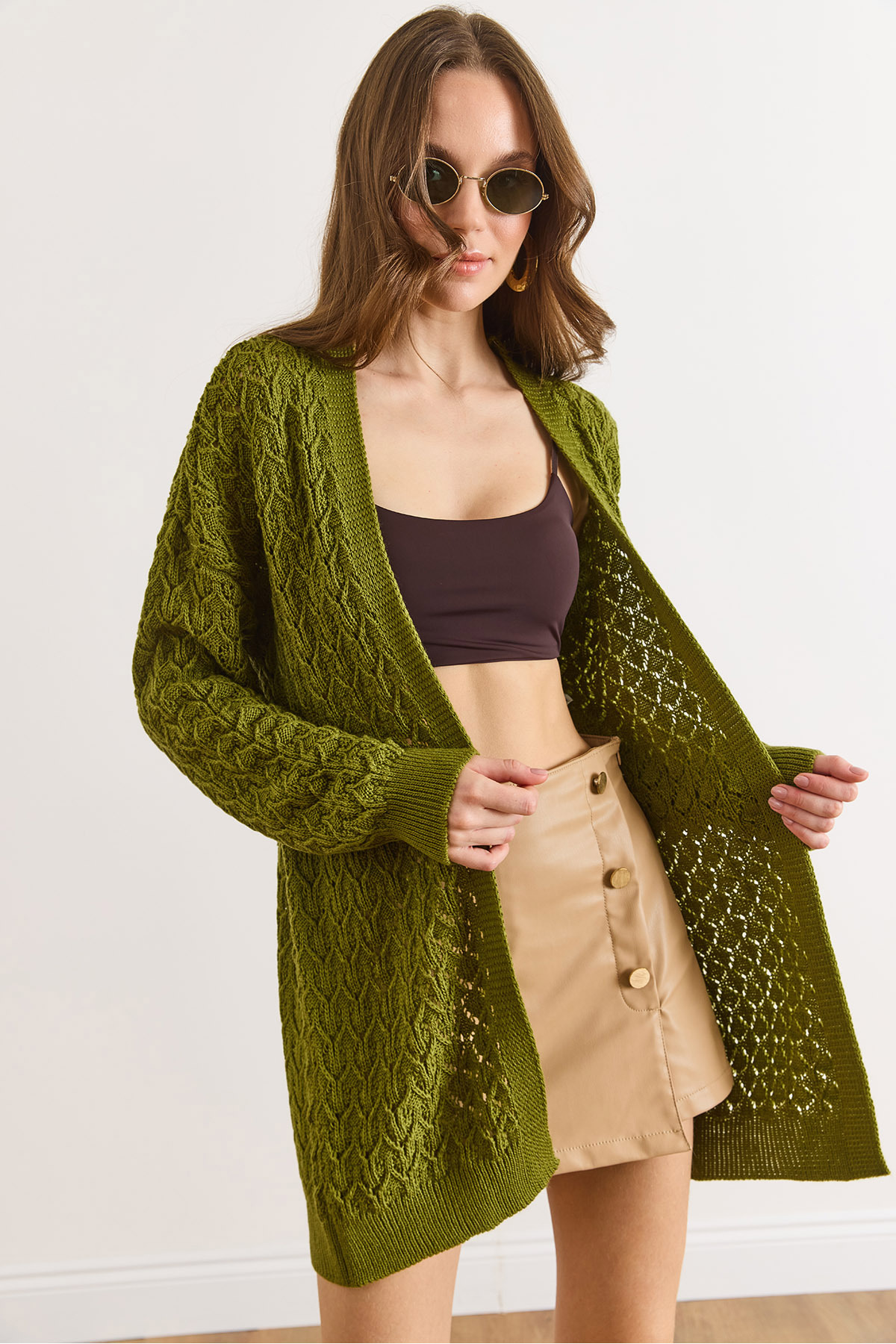 Women's Oil Green Tiny Diamond Openwork Knit CardiganHRK-19000469