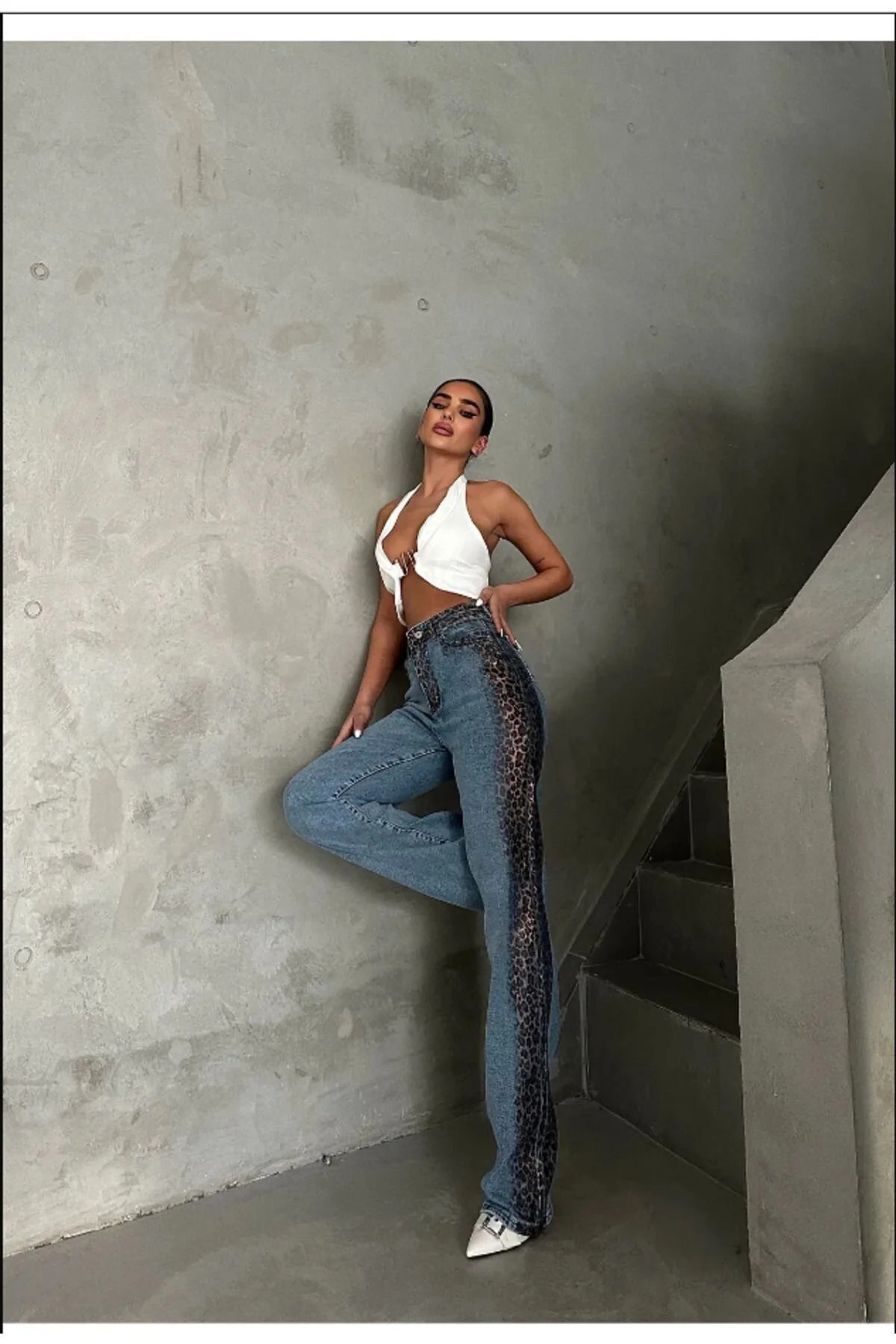 Leopard Metallic Striped High Waist Jean Pants Jeans